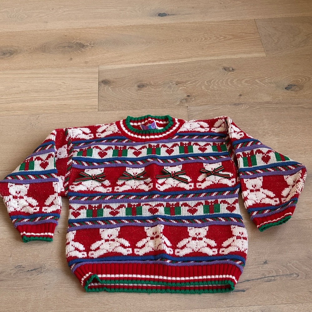 Vintage heartworks sz 6x Festive Red and Green Sweater teddy bear bows Christmas